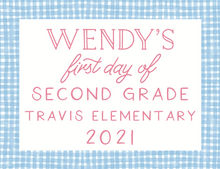 Load image into Gallery viewer, BLUE GINGHAM PRINTABLE SCHOOL SIGN SET (customizable font colors)