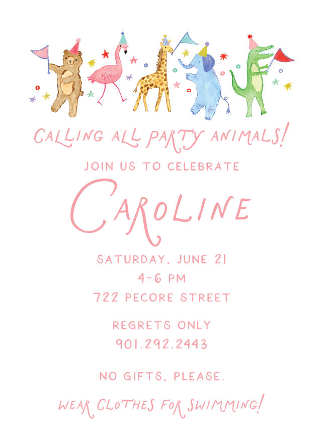PARTY ANIMAL INVITATION (color options available)
